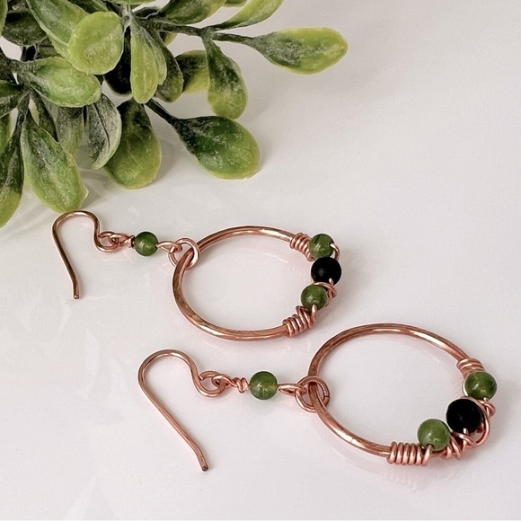 Wire Wrap Copper Earrings with Green Jade & Black Lava Stone - Picture 11 of 12